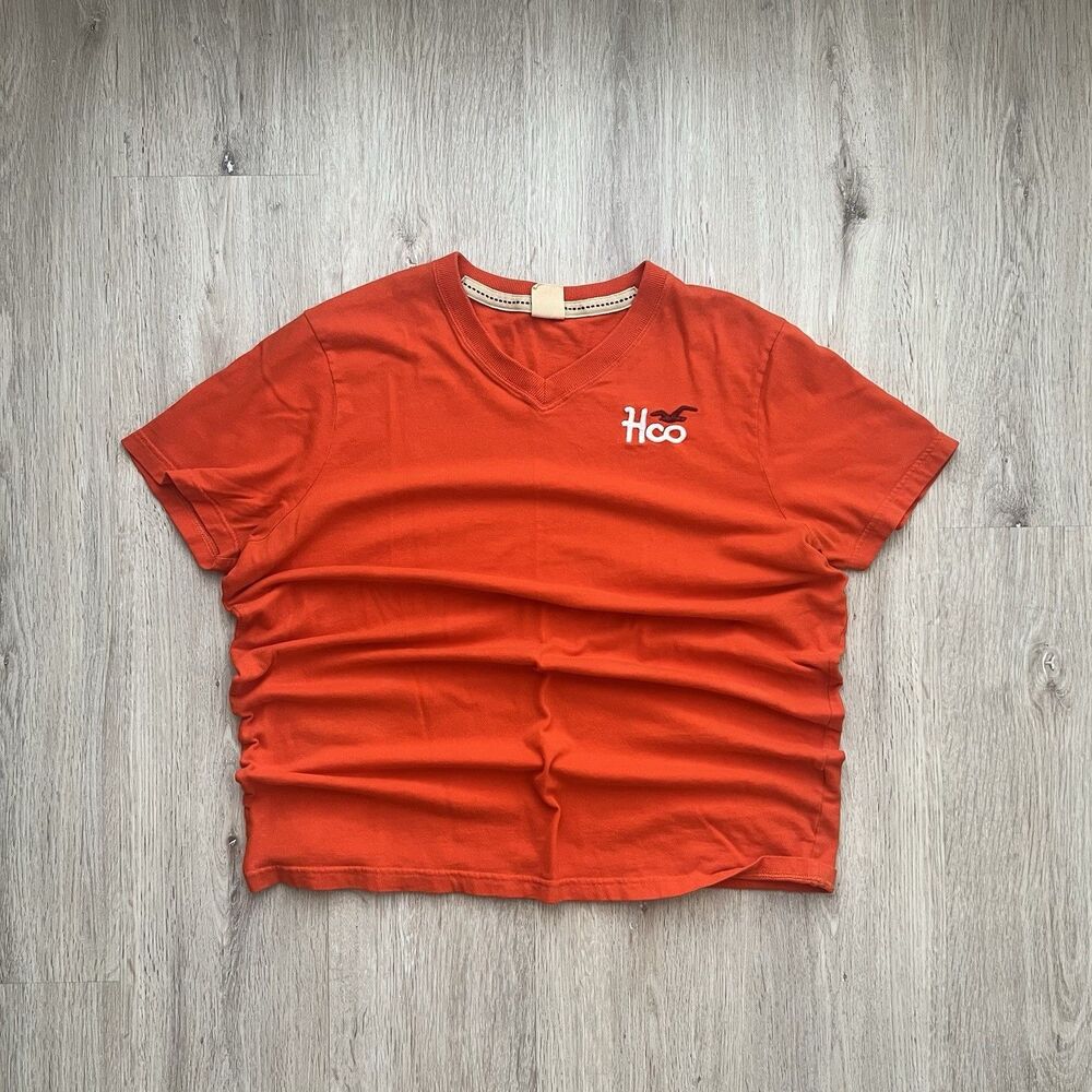 Vintage Y2K Hollister Men’s Size XL Orange V-Neck Short Sleeve Shirt Embroidered